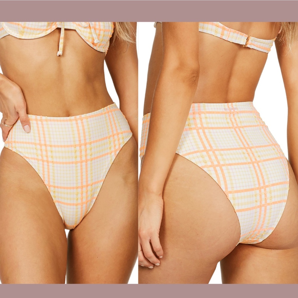 NWT Billabong [ Large‎ ] Pretty in Plaid Maui Bikini Bottoms Orange Yellow